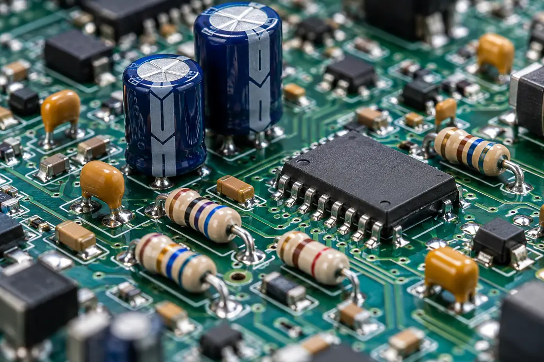 Imagem ilustrativa de placa eletrônica com capacitores, resistores e circuito integrado.