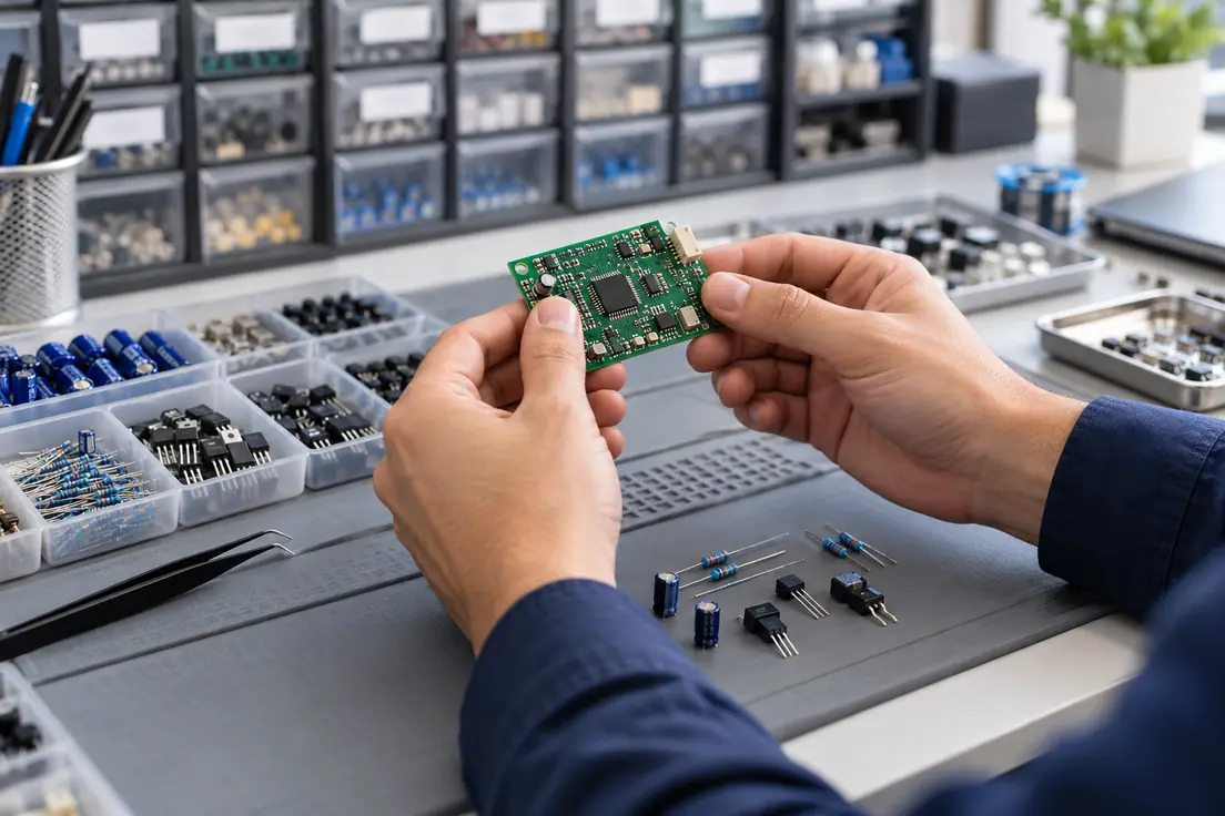 Imagem ilustrativa de atendimento técnico com uma placa e componentes eletrônicos.